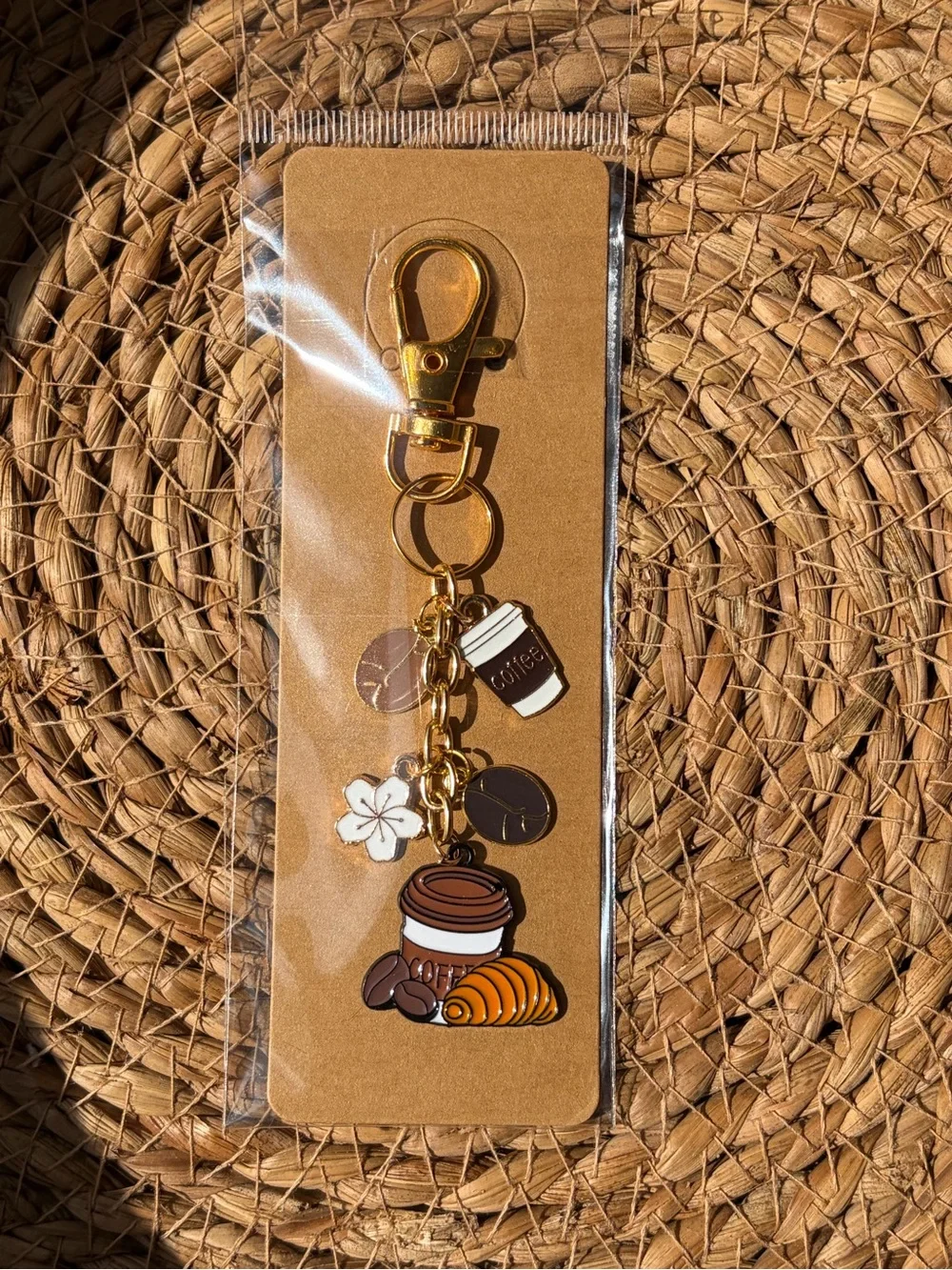 Gold-Tone Coffee Charm Keychain - Brown Coffee Cup & Croissant